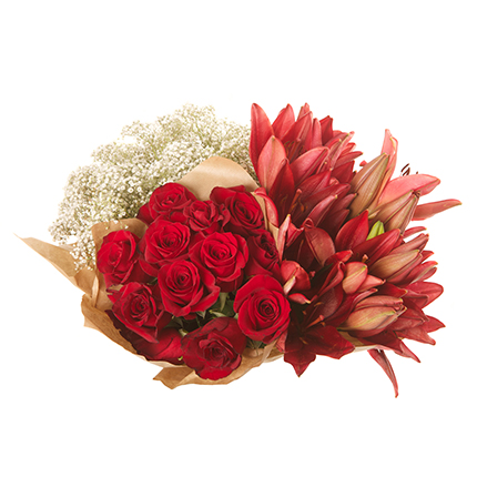 Red Roses, Lilies, Gypsophila